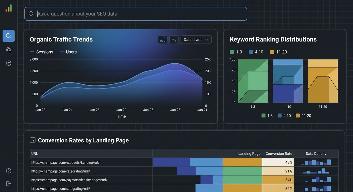 A sample SEO dashboard mockup in Data Studio showing organic traffic trends, keyword ranking distributions, conversion rates by landing page, and a natural language query bar at the top