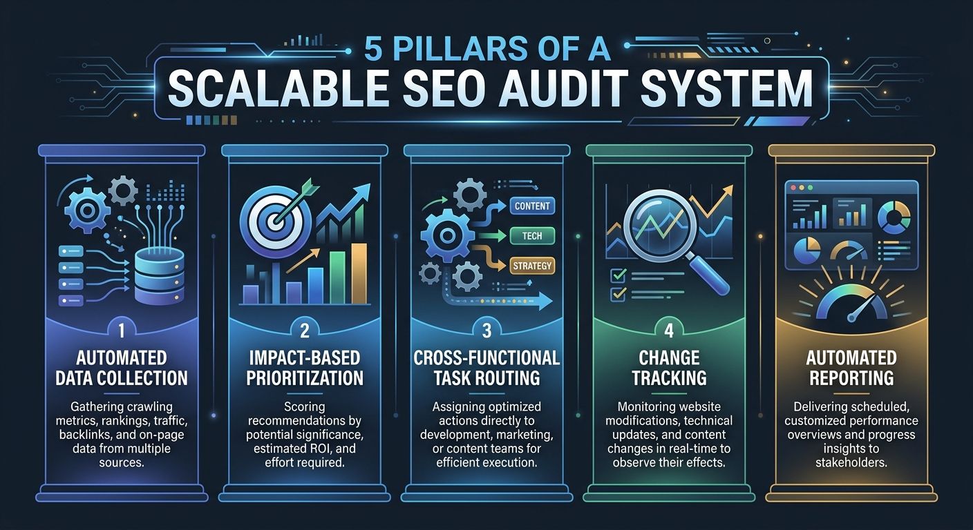 An infographic showing five pillars of a scalable SEO audit system - automated data collection, impact-based prioritization, cross-functional task routing, change tracking, and automated reporting - w