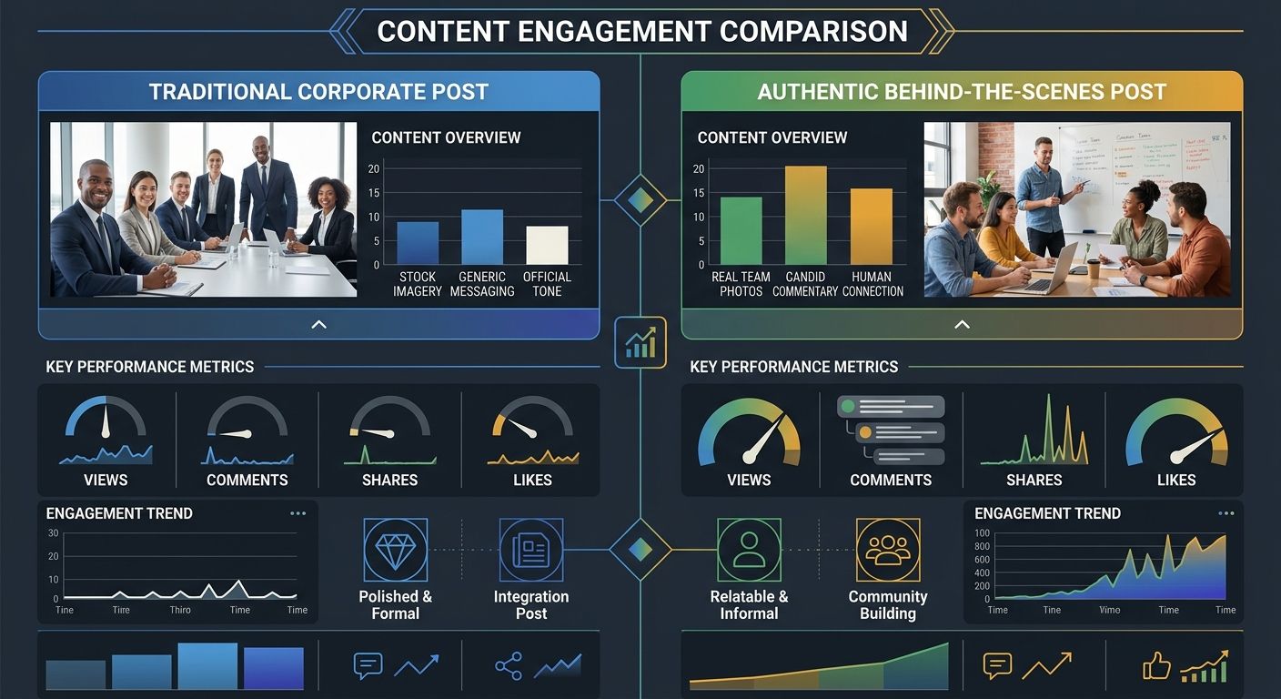 A visual comparison showing two content approaches side by side - on the left, a polished corporate blog post with stock imagery and generic messaging, and on the right, an informal behind-the-scenes 