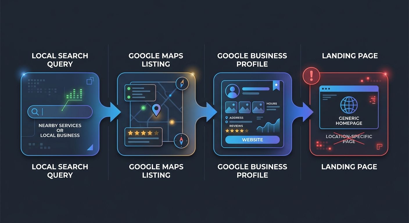 A diagram showing the user flow from a local search query to Google Maps listing to Google Business Profile to a landing page, with a red warning indicator at the landing page step showing a generic h