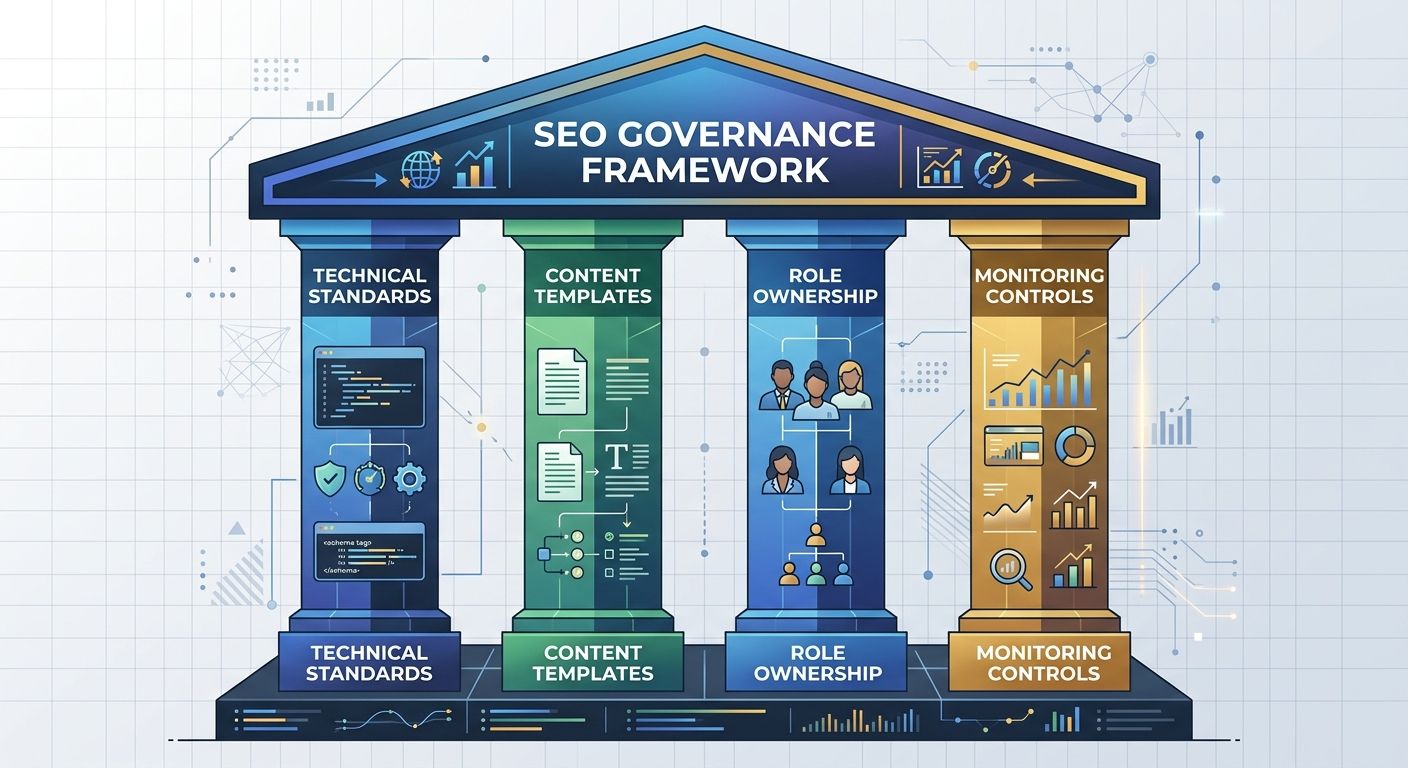A diagram showing four pillars labeled "Technical Standards," "Content Templates," "Role Ownership," and "Monitoring Controls" supporting a roof labeled "SEO Governance Framework"