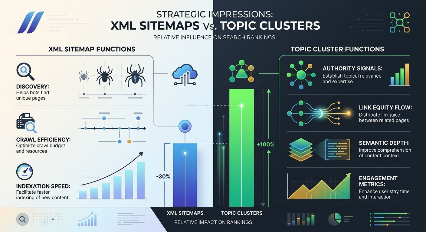 An infographic comparing XML sitemap functions (discovery, crawl efficiency, indexation speed) on the left side versus topic cluster functions (authority signals, link equity flow, semantic depth, eng