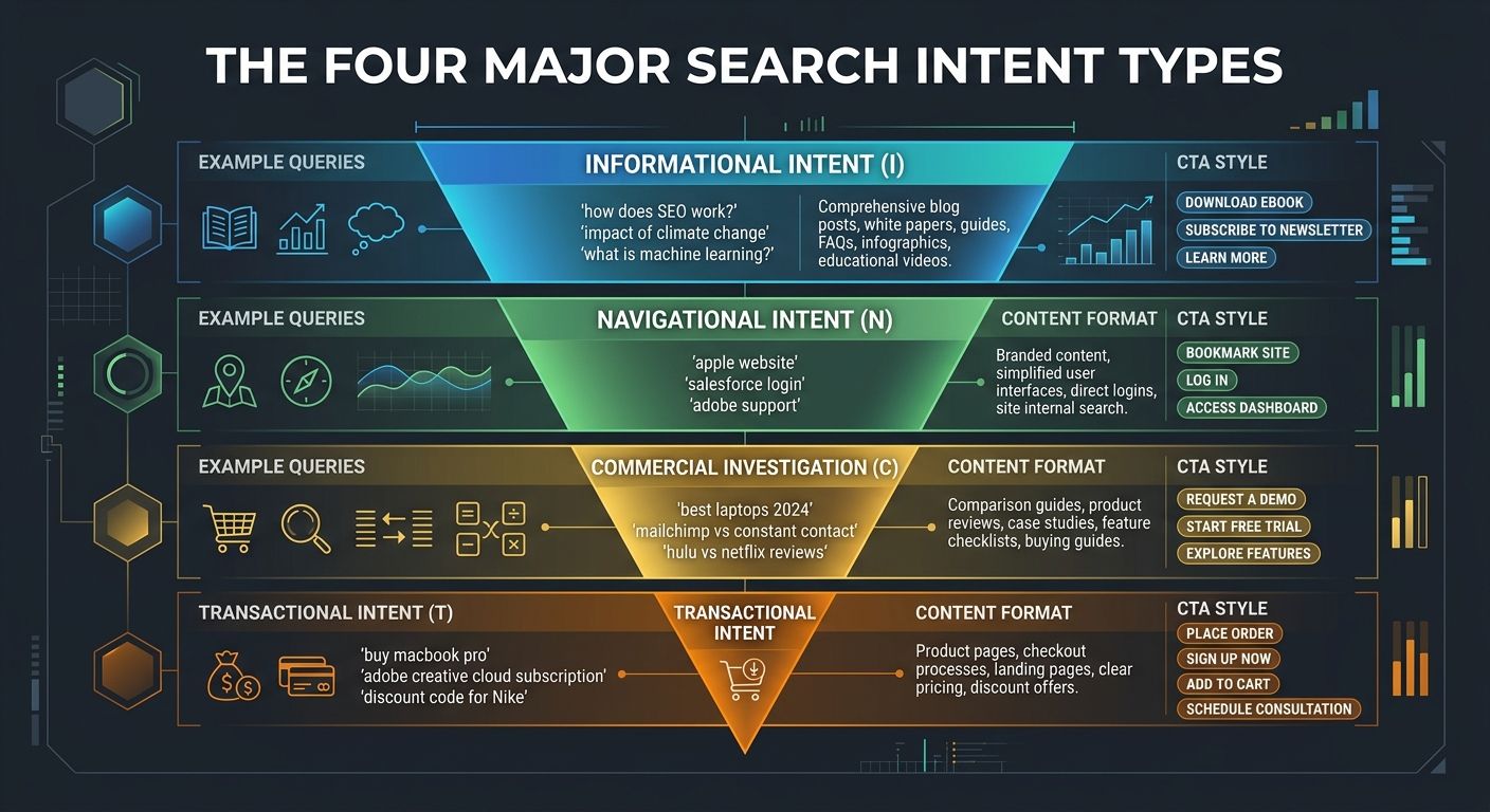 An infographic showing the four search intent types (informational, navigational, commercial investigation, transactional) arranged as a funnel, with example queries for each type, the ideal content f