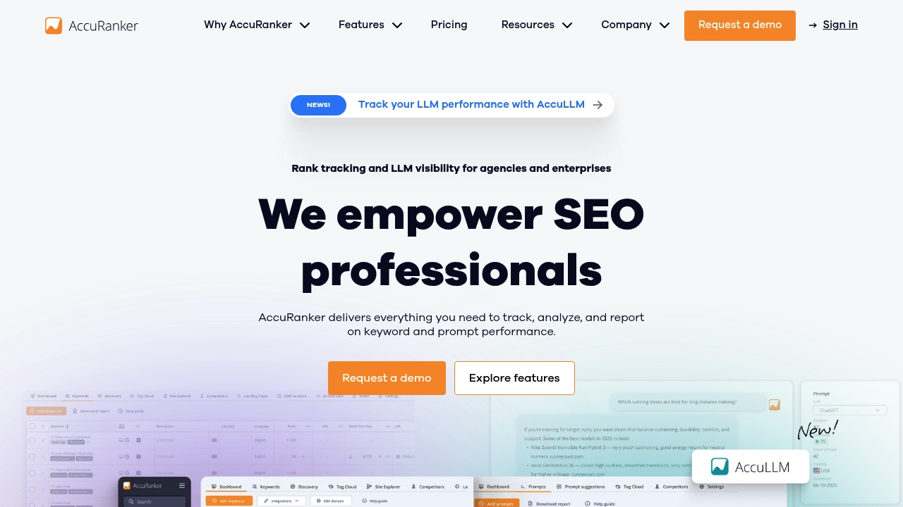 AccuRanker's rank tracking dashboard with on-demand refresh capabilities