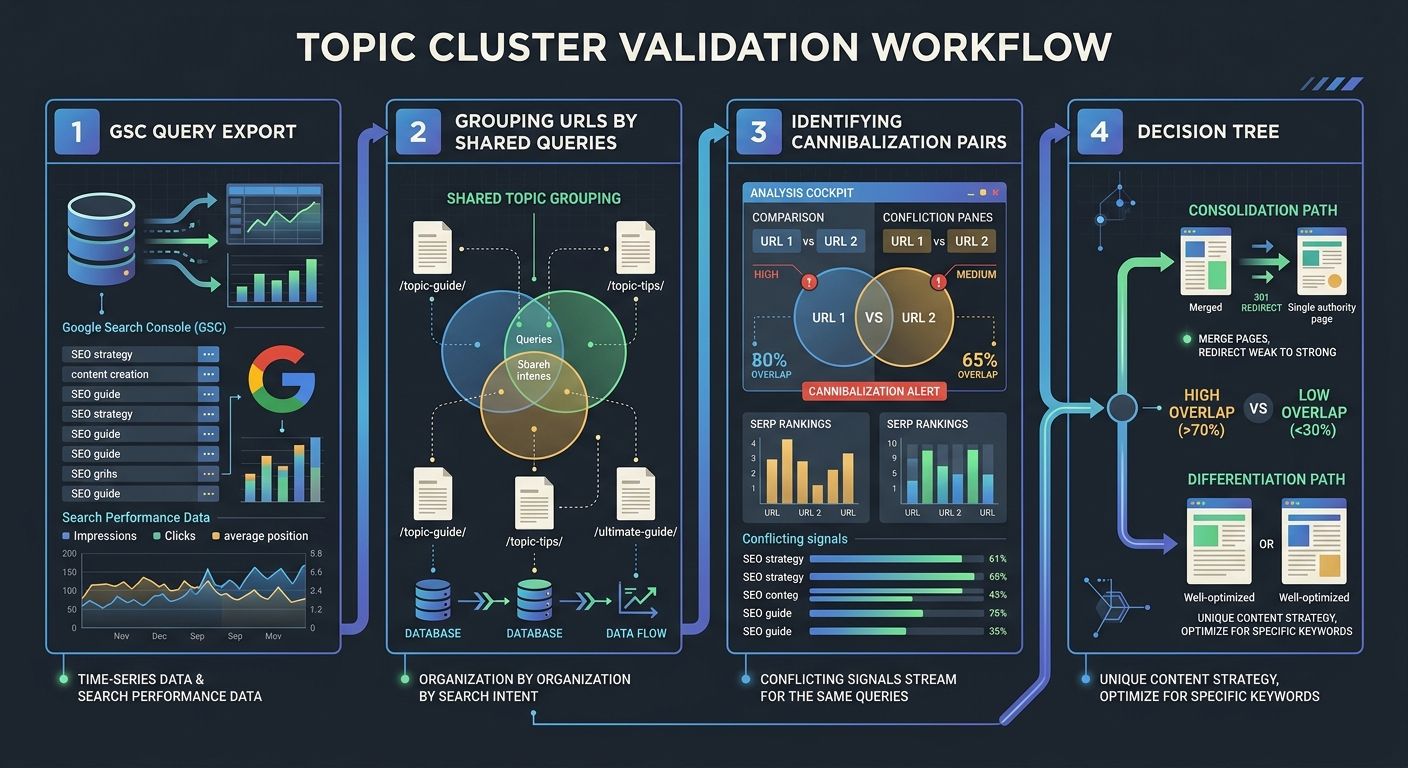 Infographic showing a topic cluster validation workflow with four stages - GSC query export, grouping URLs by shared queries with a Venn diagram, identifying cannibalization pairs with overlap percent