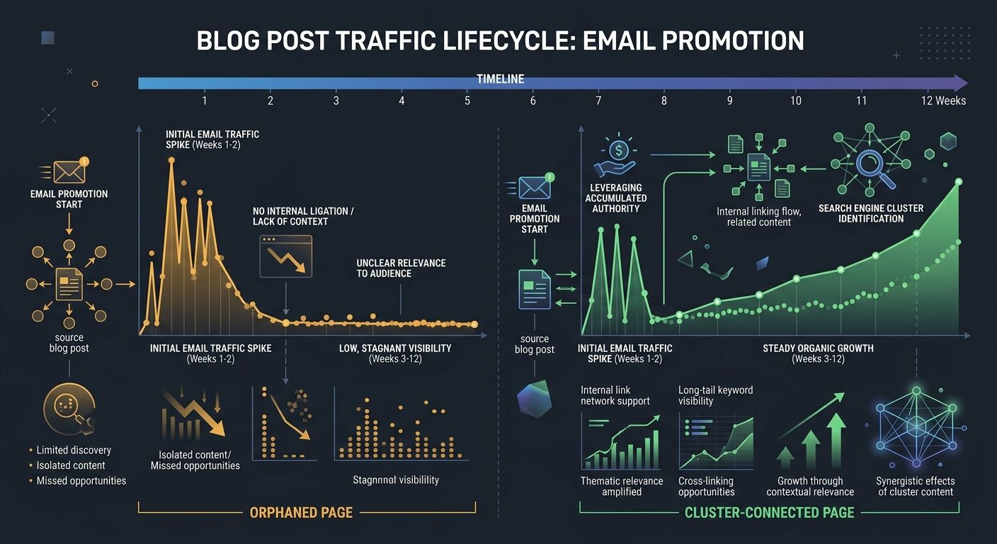 A visual showing the lifecycle of a blog post promoted via email, with two paths: one showing an orphaned page that gets a traffic spike then flatlines, and another showing a cluster-connected page th