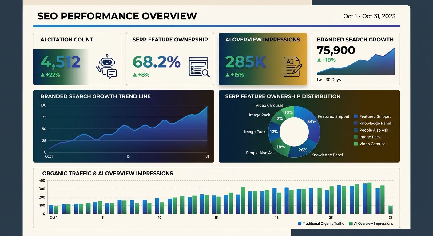 A dashboard mockup showing the new zero-click SEO metrics including AI citation count, branded search growth trend line, SERP feature ownership percentage, and AI Overview impression data alongside tr