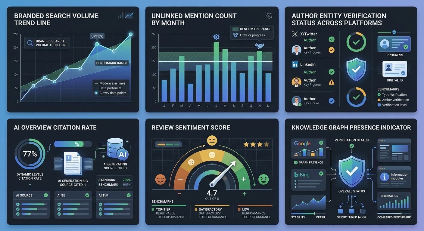 An infographic showing a trust signal dashboard with six panels: branded search volume trend line, unlinked mention count by month, author entity verification status across platforms, AI Overview cita