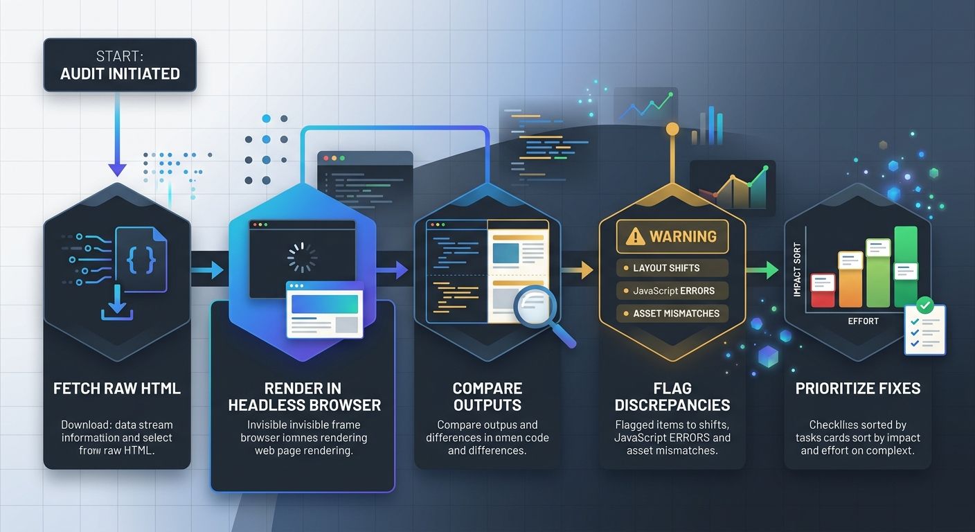 A flowchart showing the headless browser audit process: fetch raw HTML, render in headless browser, compare outputs, flag discrepancies, prioritize fixes
