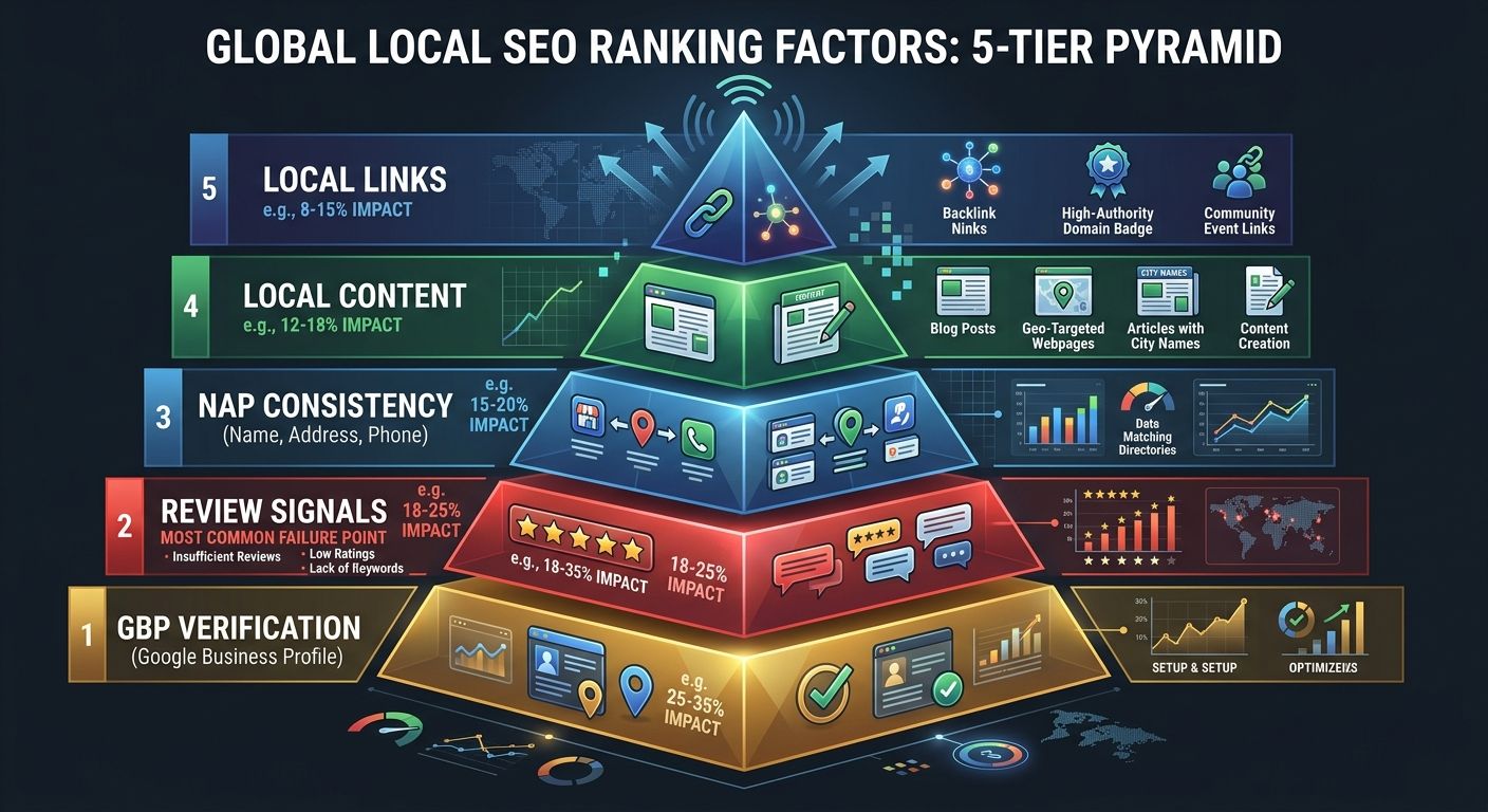 An infographic showing a pyramid of local SEO ranking factors with 5 tiers - GBP verification at the base, review signals as the second tier highlighted in red as "most common failure point," NAP cons