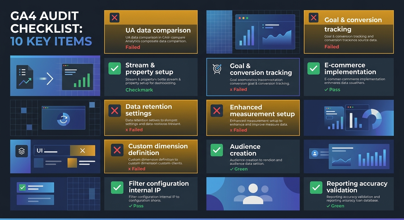 A checklist-style visual showing 10 GA4 audit items arranged in two columns with green checkmarks and red X marks, indicating common pass/fail patterns, with the items most frequently failed highlight