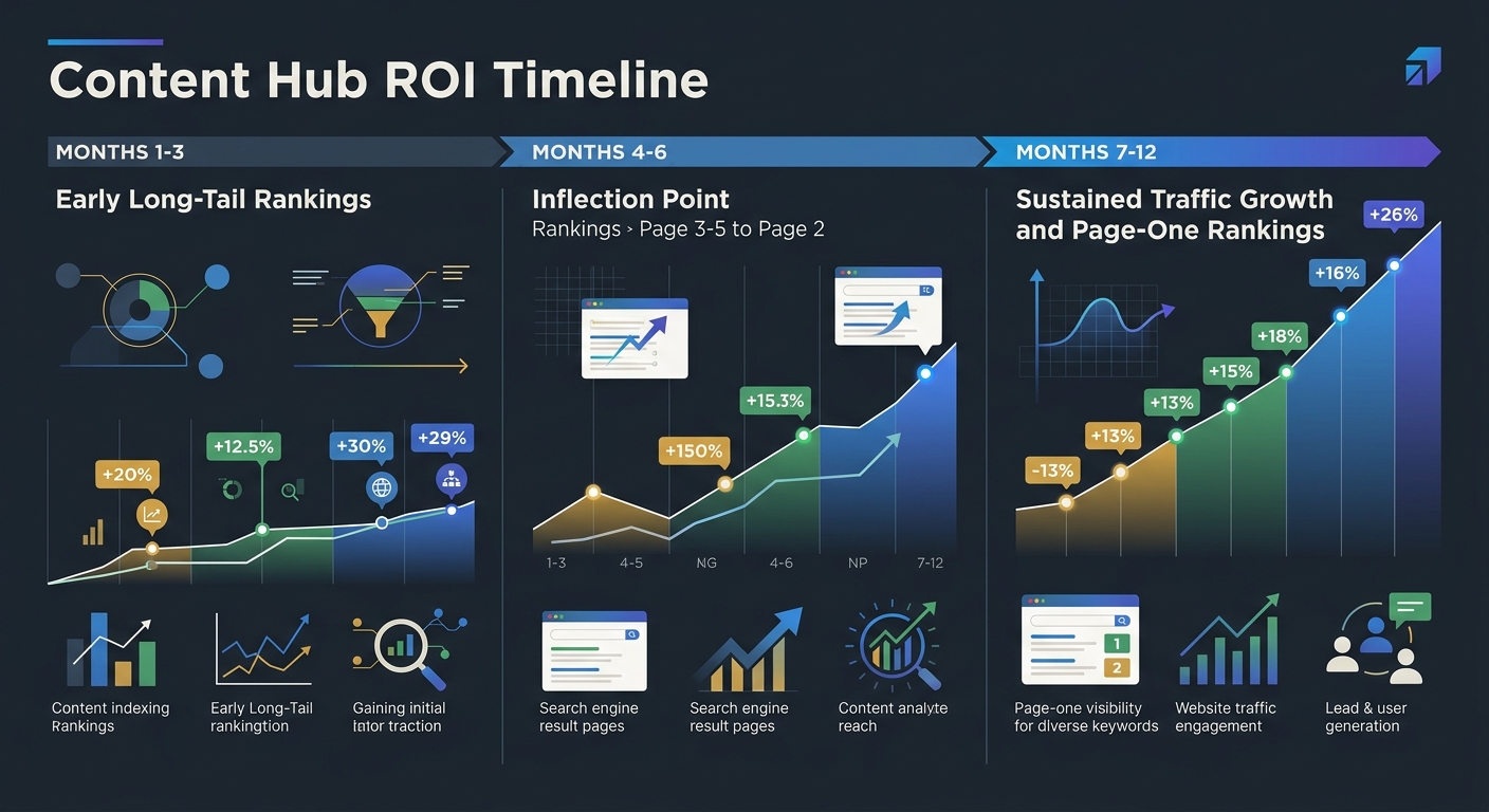 An infographic showing a timeline of content hub ROI metrics over 12 months, with data points at months 1-3 showing early long-tail rankings, months 4-6 showing an inflection point moving from page 3-