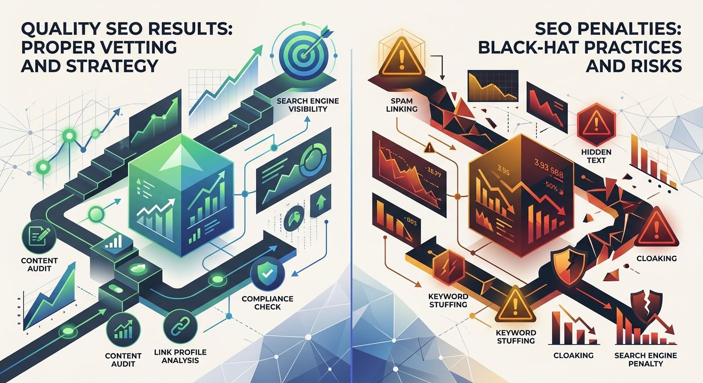 A comparison visual showing two paths - one leading to quality SEO results with proper vetting, the other leading to penalties from black-hat practices, with warning signs along each path
