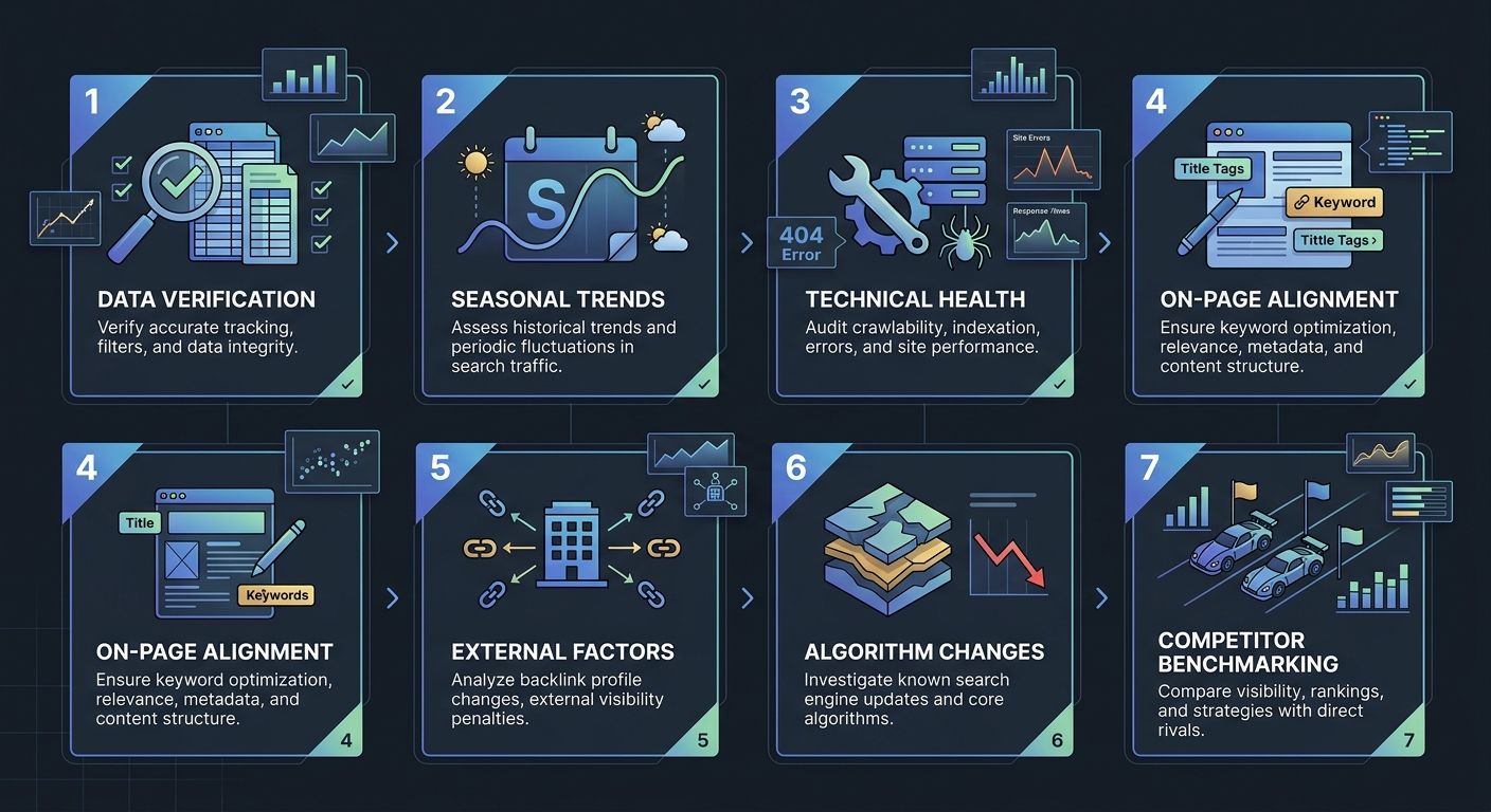 A numbered checklist diagram showing the 7-step diagnostic framework for ranking drops, with icons representing each step from data verification through competitor benchmarking