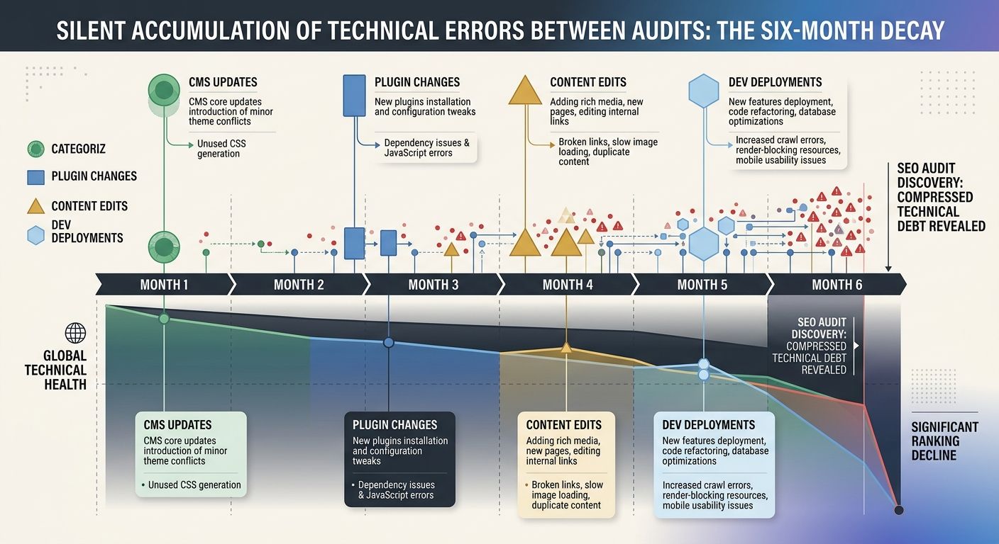 A timeline infographic showing how technical issues silently accumulate over 6 months between audits, with markers for CMS updates, plugin changes, content edits, and dev deployments, each introducing