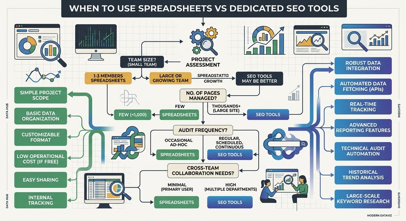 A decision flowchart showing when to use spreadsheets versus dedicated SEO tools, with decision points based on team size, number of pages managed, audit frequency, and cross-team collaboration needs