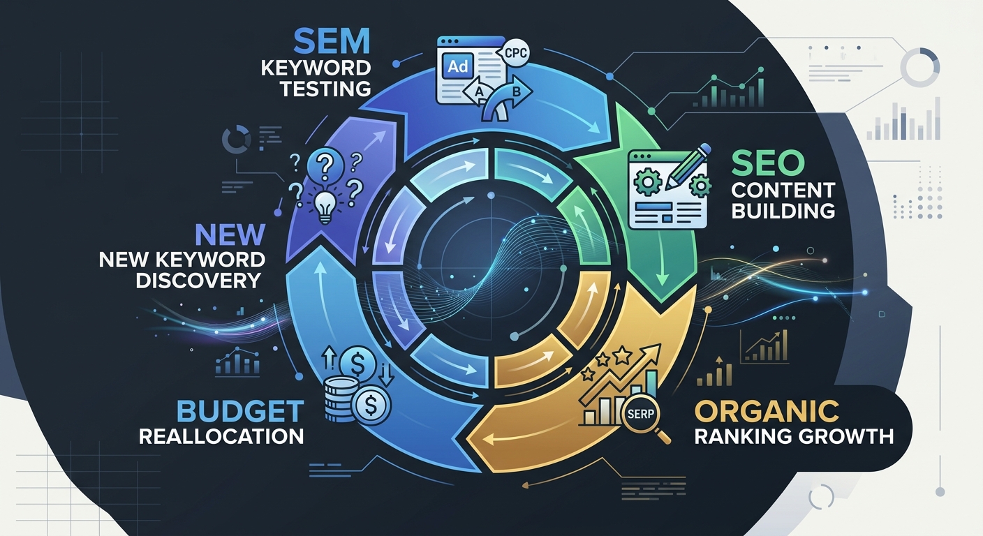 A circular flywheel diagram showing the continuous cycle of SEM keyword testing flowing into SEO content building, leading to organic ranking growth, budget reallocation, and new keyword discovery