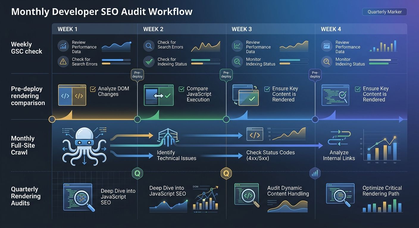 An infographic showing a monthly developer SEO audit workflow calendar, with weekly GSC checks, pre-deploy rendering comparisons, monthly full-site crawls, and quarterly rendering audits mapped across