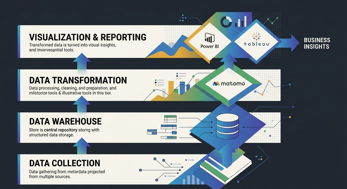 A flowchart showing the four-layer analytics stack model with data collection, warehouse, transformation, and visualization layers, with Matomo, Power BI, and Tableau positioned at their appropriate l