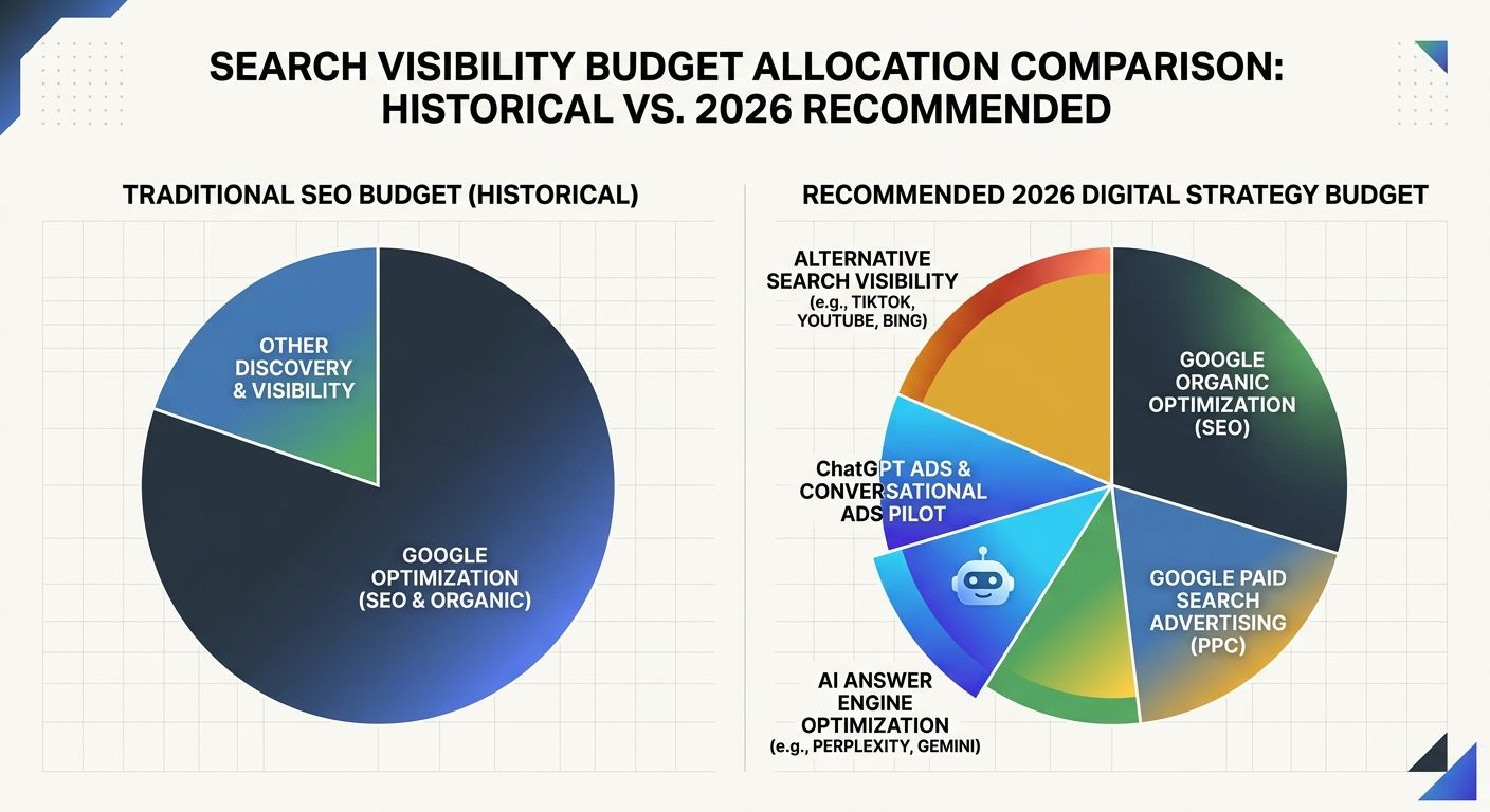 Side-by-side comparison showing a traditional SEO budget pie chart with 80% Google and 20% other versus a recommended 2026 budget allocation with segments for Google organic, Google paid, AI answer en