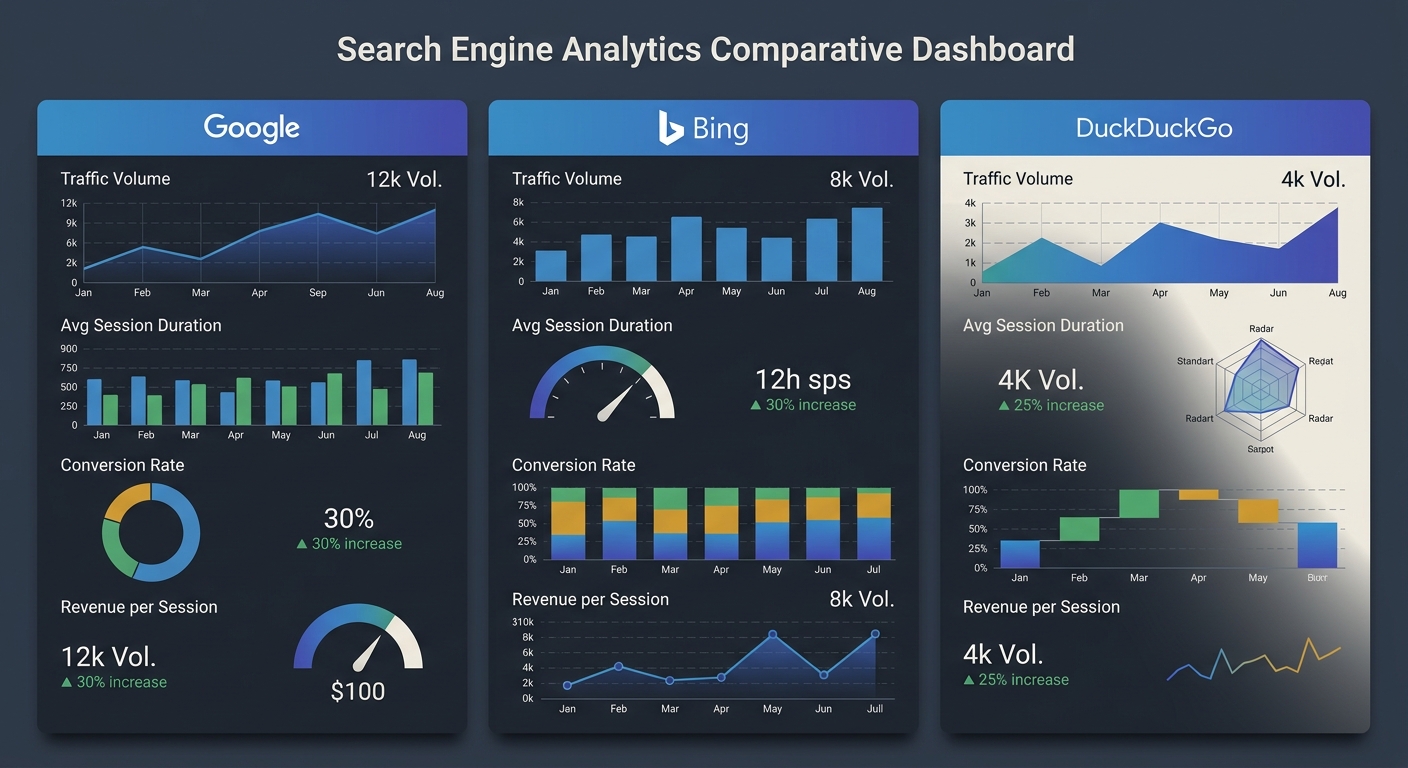 A dashboard mockup showing three columns for Google, Bing, and DuckDuckGo, each displaying metrics like traffic volume, average session duration, conversion rate, and revenue per session with sample c