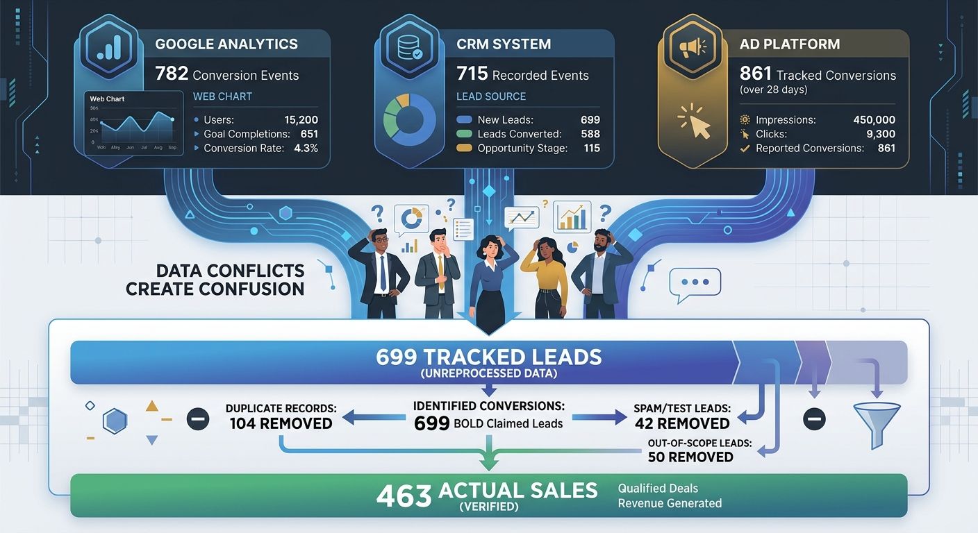 An infographic showing three data sources (Google Analytics, CRM, Ad Platform) each reporting different conversion numbers flowing into a confused marketing team, with a diagram illustrating how 699 c