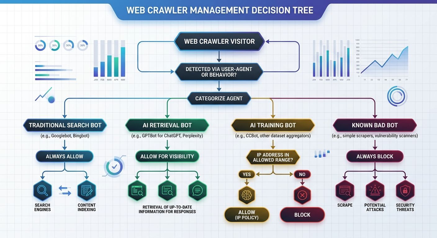 A decision tree diagram showing how to categorize and manage different types of web crawlers: traditional search bots (always allow), AI retrieval bots (allow for visibility), AI training bots (block 