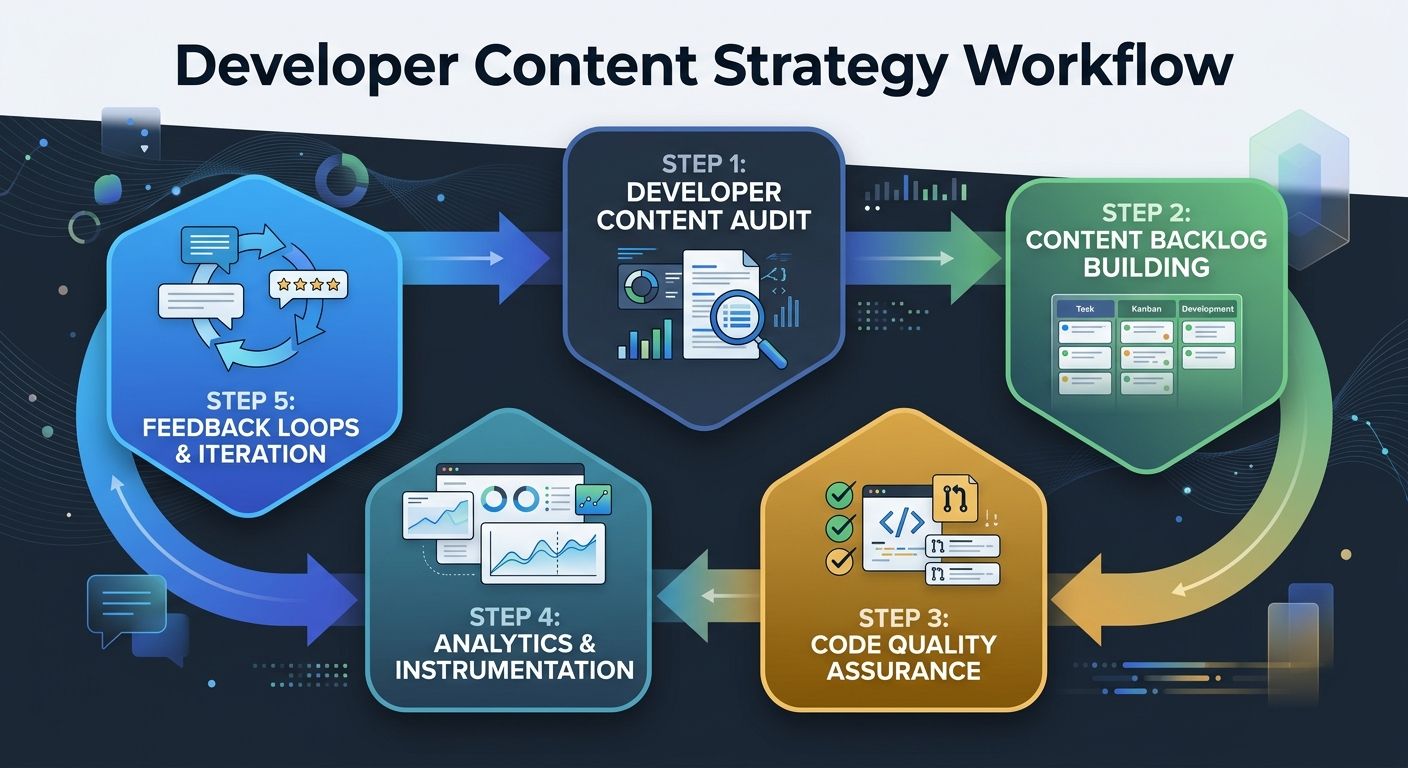 A workflow diagram showing the five-step developer content strategy process, with arrows connecting audit, backlog building, code quality, analytics instrumentation, and feedback loops in a continuous