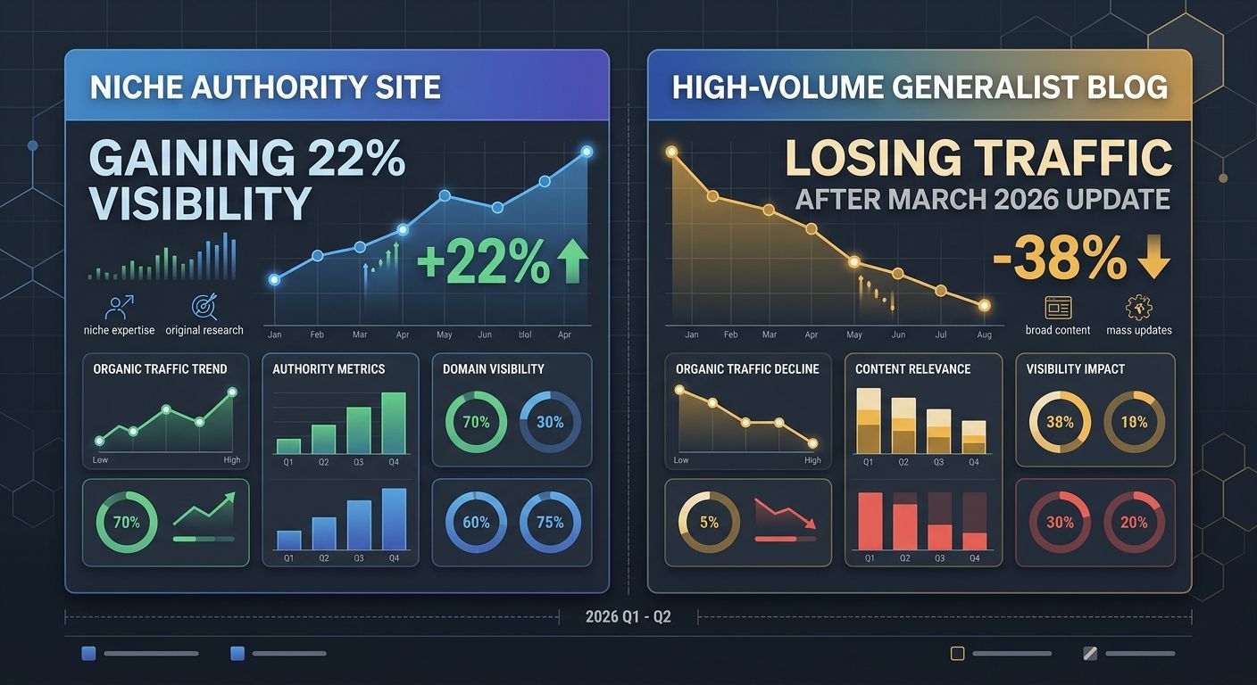 A dashboard mockup showing a side-by-side comparison of two websites - one niche authority site with original data gaining 22% visibility versus a high-volume generalist blog losing traffic after the 