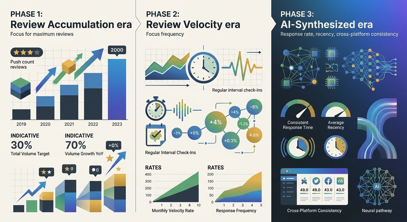 An infographic showing a timeline of review management strategy evolution, with three phases: Review Accumulation era (2019-2023) focused on total count, Review Velocity era (2024-2025) focused on fre