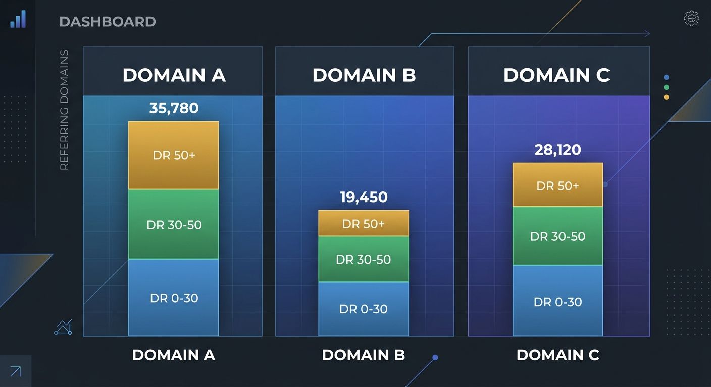 A comparative bar chart showing backlink profiles of three competing domains, with bars segmented by domain rating tiers (DR 0-30, DR 30-50, DR 50+) and total referring domains labeled