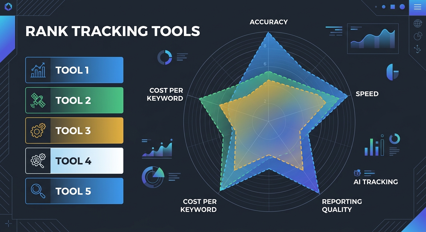 An infographic comparing five rank tracking tools across five metrics: accuracy, speed, AI tracking, reporting quality, and cost per keyword, displayed as a radar/spider chart with each tool in a diff