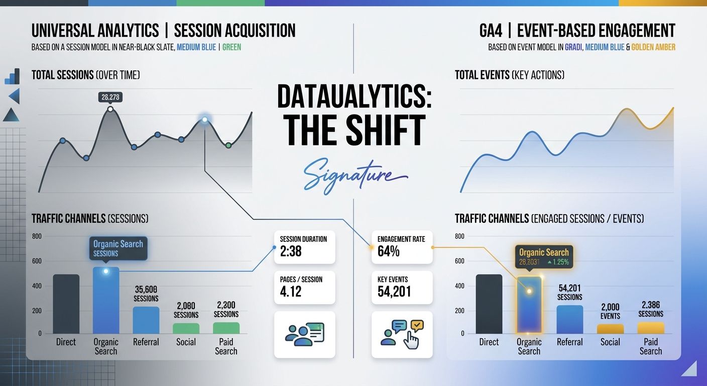 A before-and-after comparison showing Universal Analytics session data on the left and GA4 event-based data on the right, with visible discrepancies highlighted in the organic traffic channel