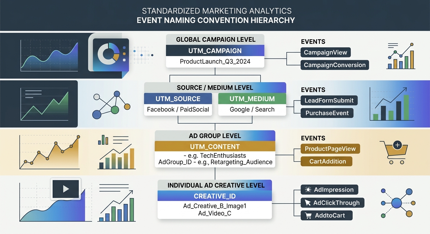 A diagram showing a standardized naming convention hierarchy for marketing analytics events, with consistent UTM parameter structures branching from campaign level down to individual ad creative level