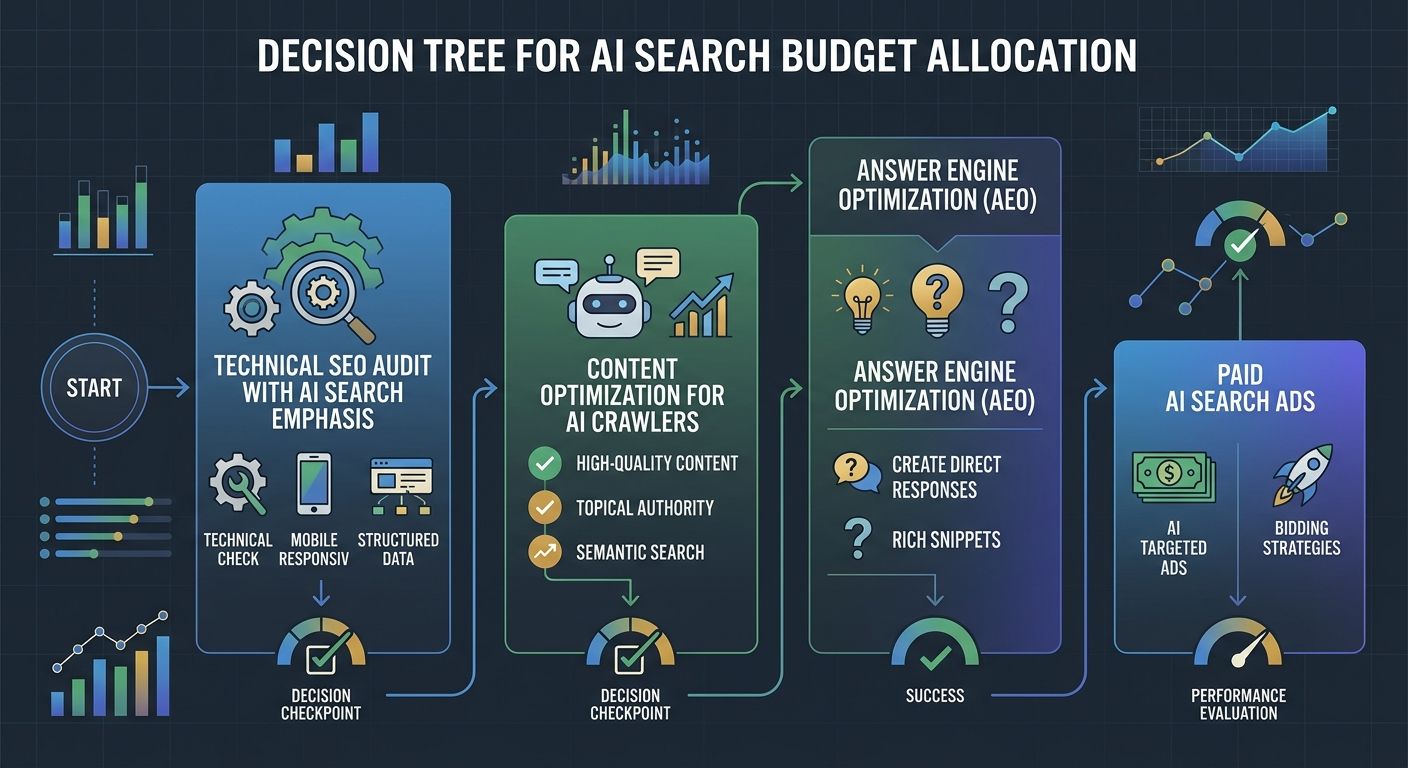 A flowchart showing the decision tree for AI search budget allocation, starting with technical SEO audit, then branching to content optimization for AI crawlers, then answer engine optimization, and f