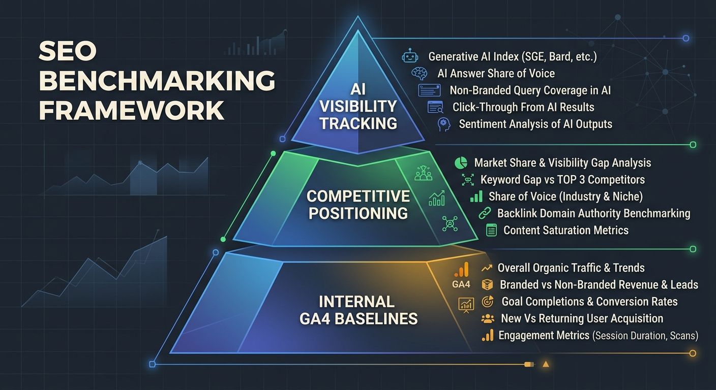 A three-layer pyramid diagram showing the SEO benchmarking framework, with "Internal GA4 Baselines" at the base, "Competitive Positioning" in the middle, and "AI Visibility Tracking" at the top, with 