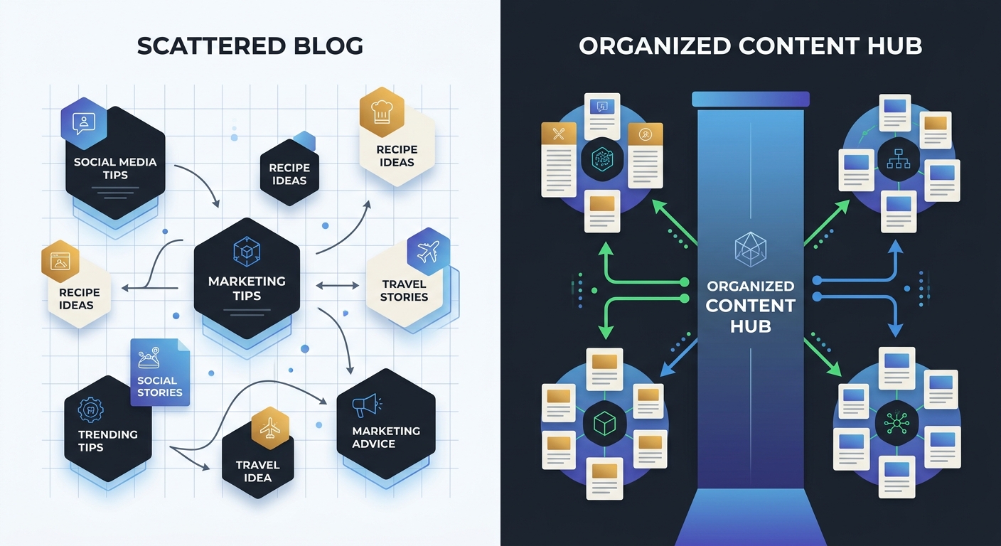 A side-by-side comparison illustration showing a scattered blog with disconnected posts on the left versus an organized content hub with pillar page and linked cluster articles on the right, with arro