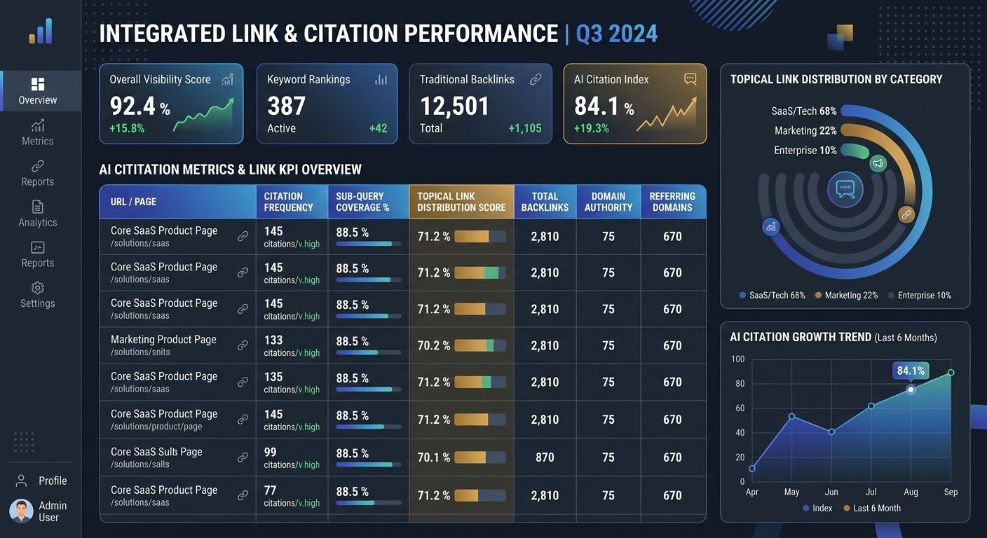 Dashboard mockup showing AI citation metrics alongside traditional link building KPIs, with columns for citation frequency, sub-query coverage percentage, and topical link distribution score