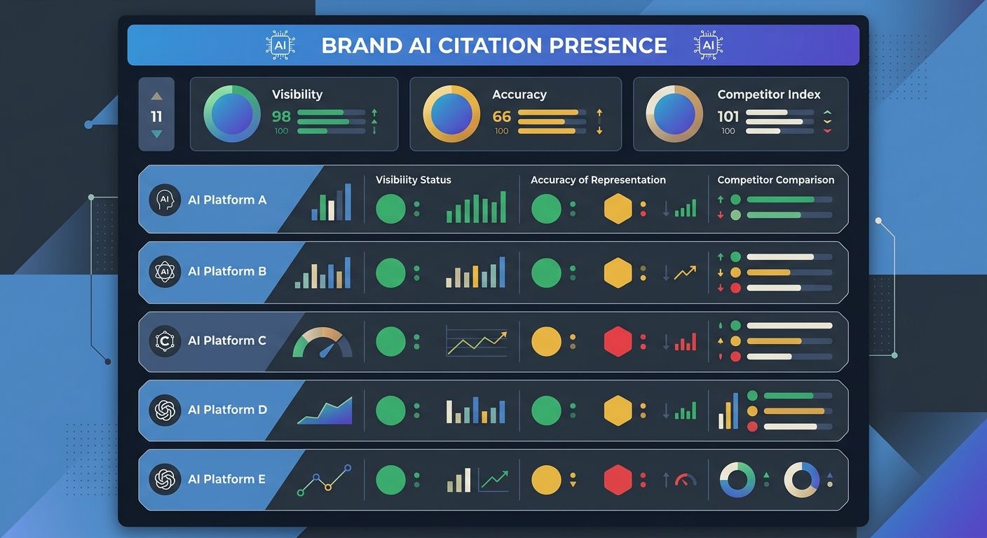 A monitoring dashboard showing a brand's citation presence across five AI platforms with green, yellow, and red indicators for visibility status, accuracy of brand representation, and competitor compa
