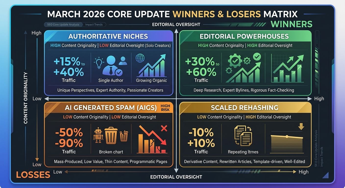 An infographic showing the March 2026 Core Update winners and losers matrix - four quadrants mapping content originality (high/low) against editorial oversight (high/low), with traffic impact percenta