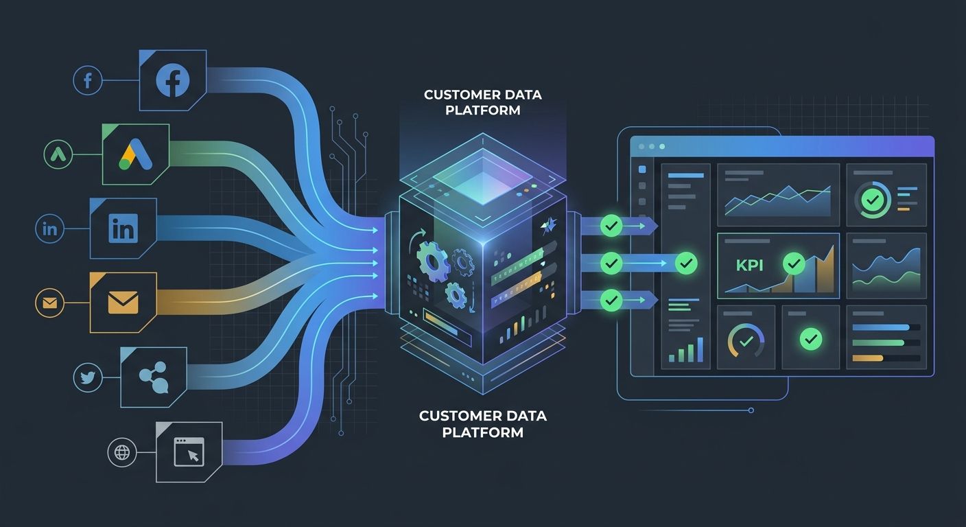 A marketing analytics workflow showing data flowing from multiple ad platforms and touchpoints through a CDP into a validated single-source-of-truth dashboard with green checkmarks indicating reconcil
