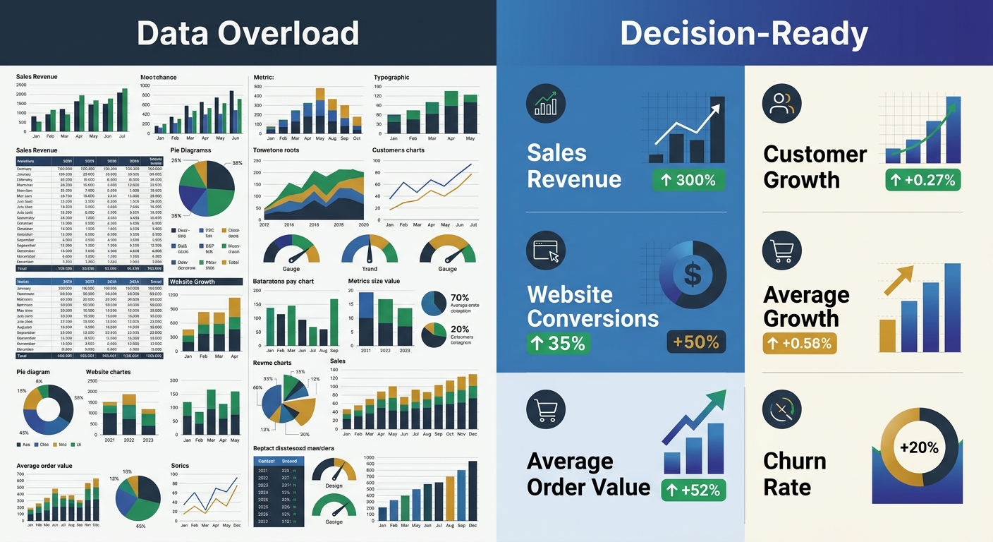 A split-screen comparison showing a cluttered, overwhelming analytics dashboard on the left labeled "Data Overload" versus a clean, focused dashboard on the right labeled "Decision-Ready" with only 5 
