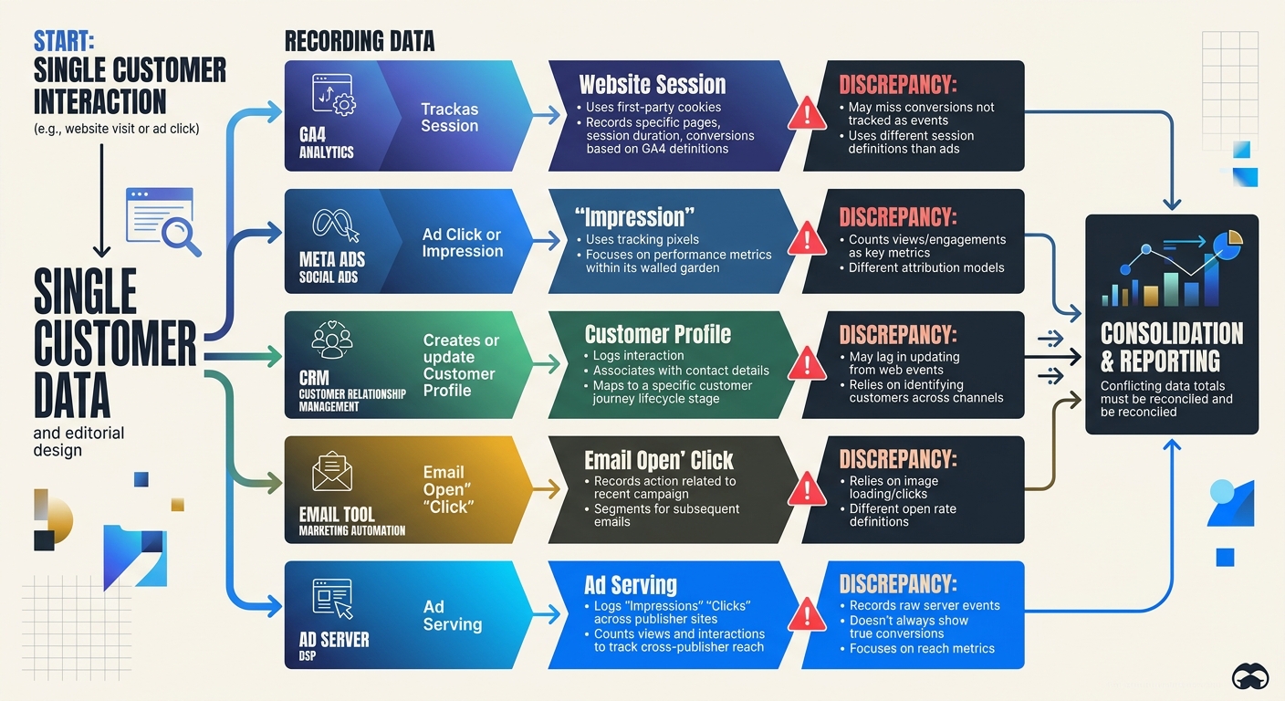 A flowchart infographic showing how a single customer interaction gets recorded differently across five platforms (GA4, Meta Ads, CRM, email tool, and ad server), with data discrepancies highlighted a
