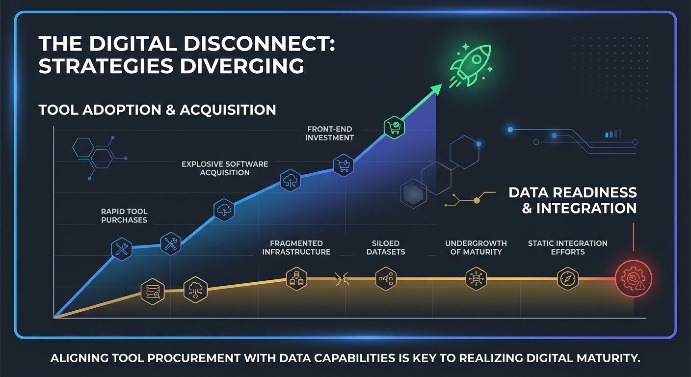A diagram showing the disconnect between tool adoption and data readiness, with two parallel tracks — one showing rapid tool purchases ascending and another showing data integration maturity remaining