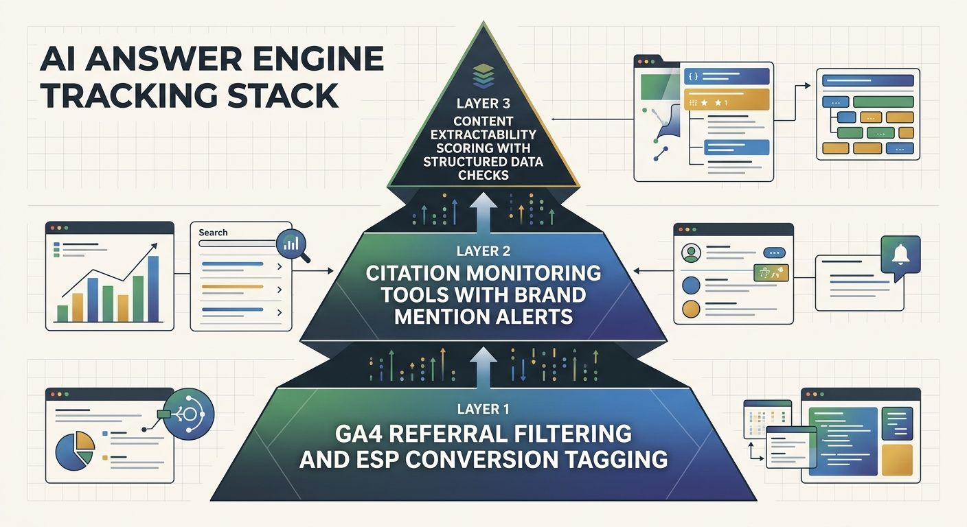 Infographic showing a three-layer AI answer engine tracking stack pyramid with Layer 1 at the base labeled GA4 referral filtering and ESP conversion tagging, Layer 2 in the middle labeled citation mon