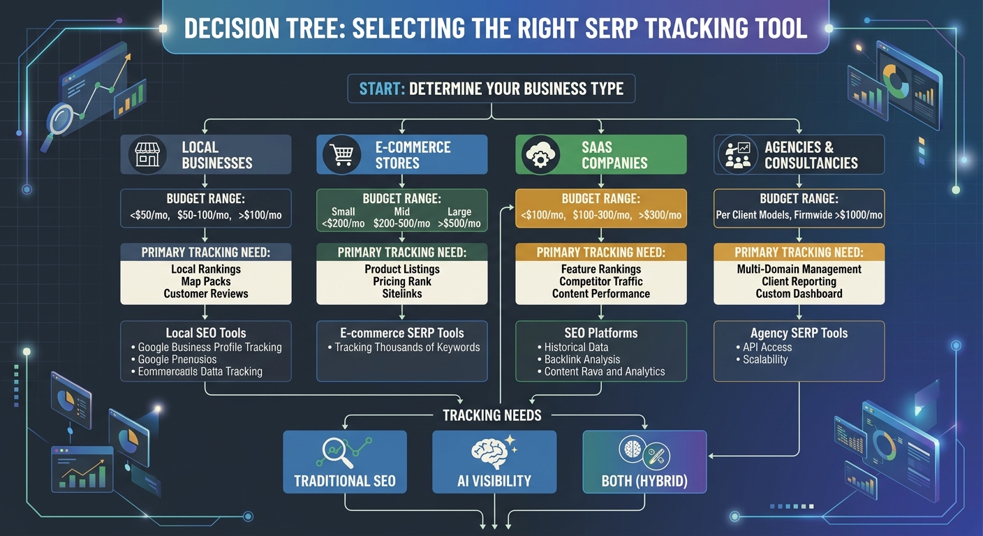 A flowchart showing a decision tree for choosing the right SERP tracking tool based on business type (local, e-commerce, SaaS, agency), budget range, and primary tracking need (traditional SEO, AI vis
