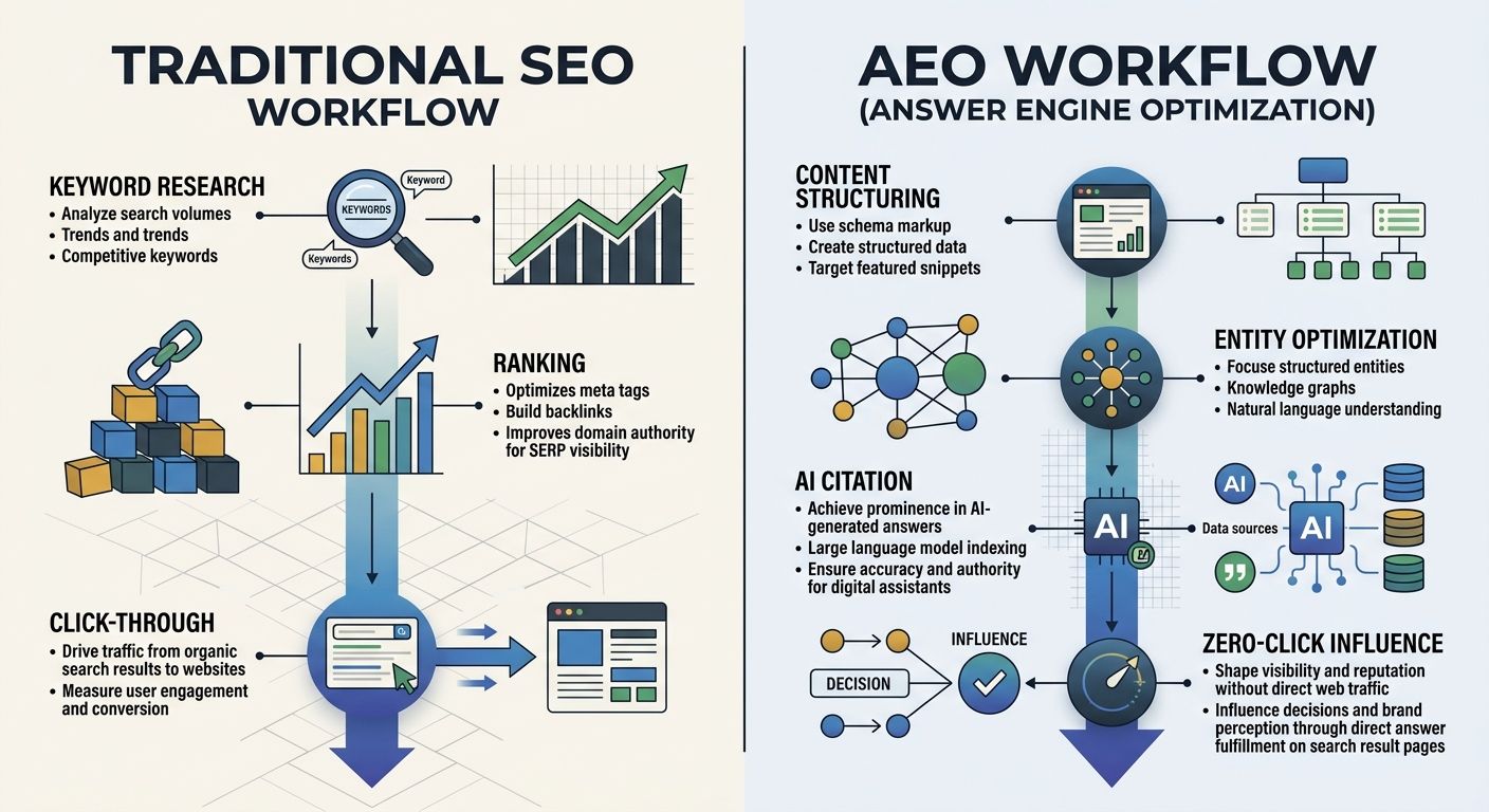 A side-by-side comparison diagram showing traditional SEO workflow (keyword research, ranking, click-through) versus the AEO workflow (content structuring, entity optimization, AI citation, zero-click