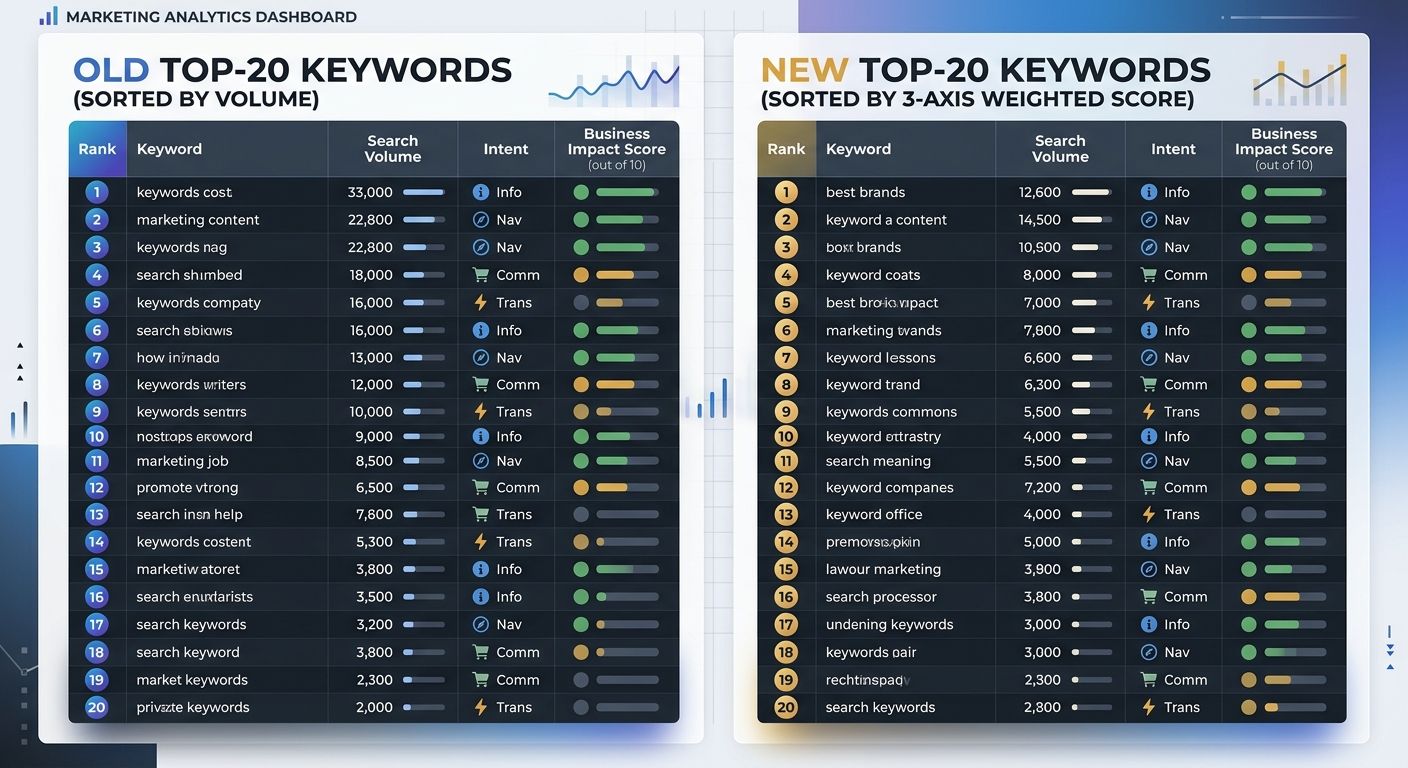 A side-by-side table showing the old top-20 keyword list sorted by volume next to the new top-20 sorted by the three-axis weighted score, with intent labels and business impact scores visible