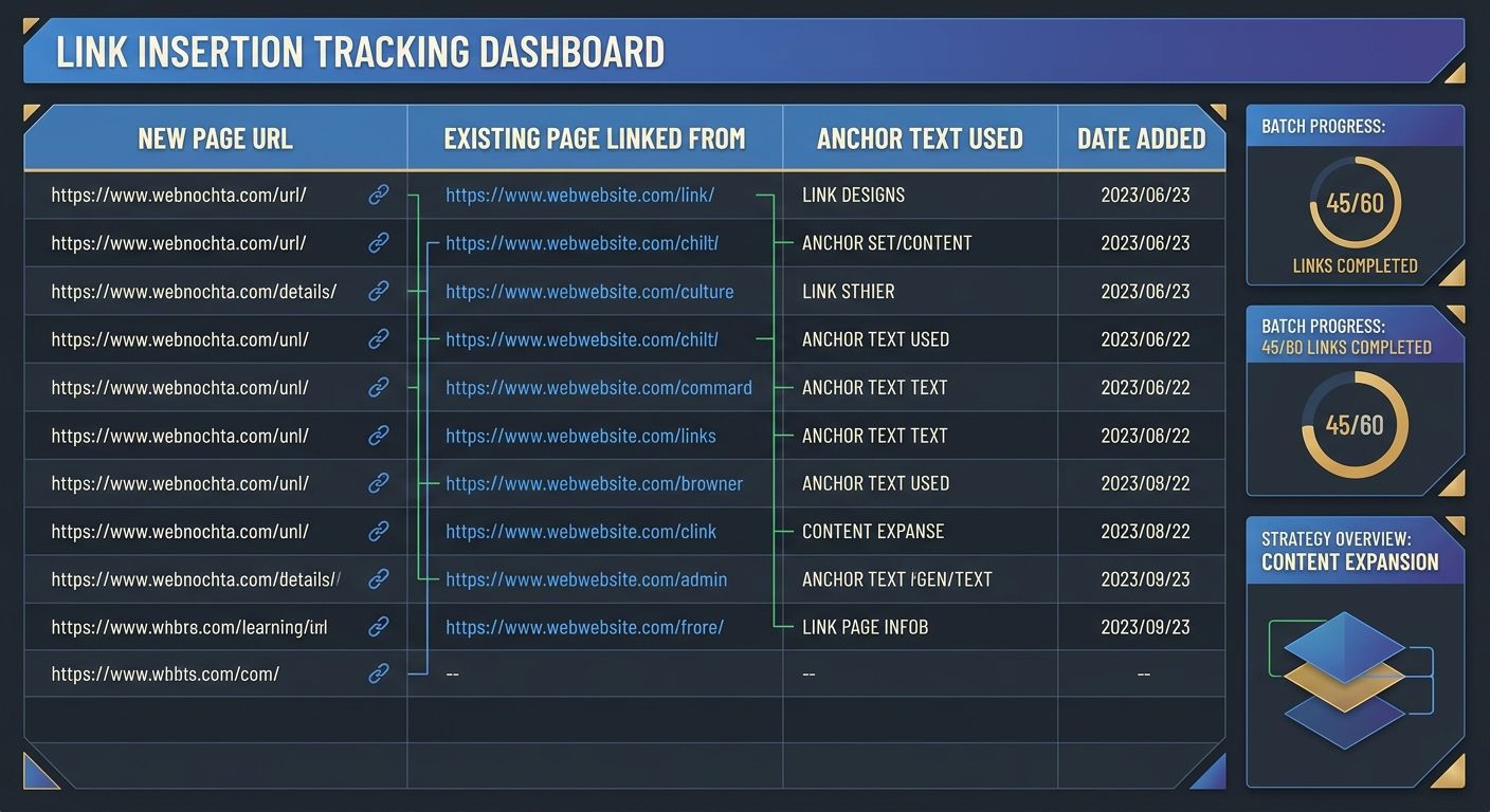 A spreadsheet-style layout showing columns for "New Page URL," "Existing Page Linked From," "Anchor Text Used," and "Date Added," illustrating a systematic link insertion tracking process