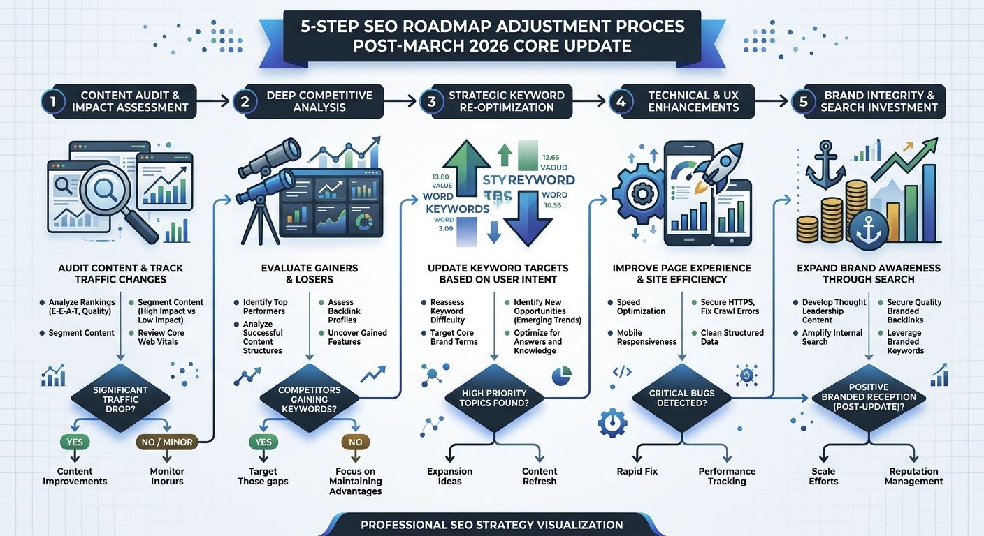 A step-by-step flowchart showing the 5-step SEO roadmap adjustment process after the March 2026 Core Update, from content audit through branded search investment, with decision points at each stage